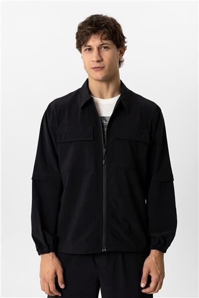 Siyah Relaxed Fit Gömlek Yaka Fermuarlı Sweatshirt
