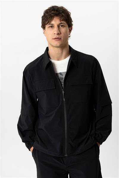 Siyah Relaxed Fit Gömlek Yaka Fermuarlı Sweatshirt