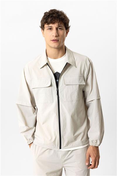 Bej Relaxed Fit Gömlek Yaka Fermuarlı Sweatshirt