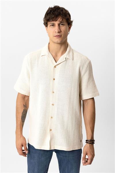 Ekru Relaxed Fit Küba Yaka Kısa Kollu Gömlek
