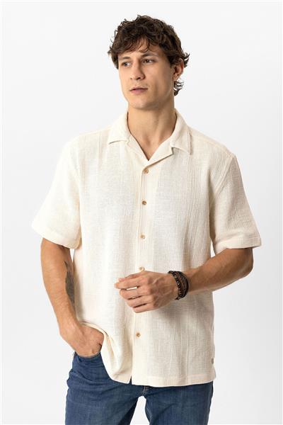 Ekru Relaxed Fit Küba Yaka Kısa Kollu Gömlek