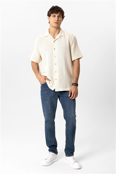 Ekru Relaxed Fit Küba Yaka Kısa Kollu Gömlek