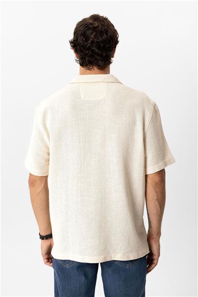 Ekru Relaxed Fit Küba Yaka Kısa Kollu Gömlek