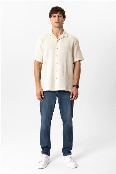 Ekru Relaxed Fit Küba Yaka Kısa Kollu Gömlek