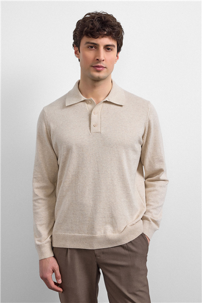 Bej Relaxed Fit Polo Yaka Triko Kazak