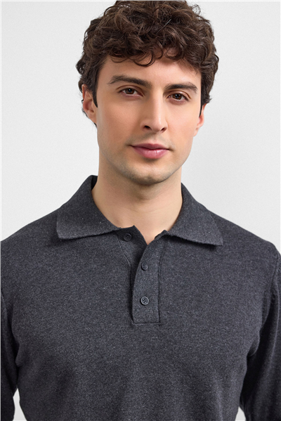 Antrasit Relaxed Fit Polo Yaka Triko Kazak