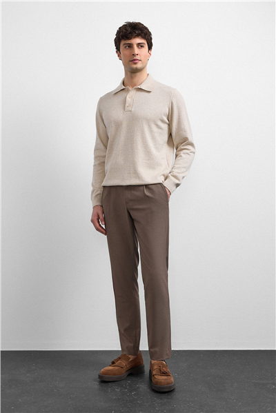 Bej Relaxed Fit Polo Yaka Triko Kazak