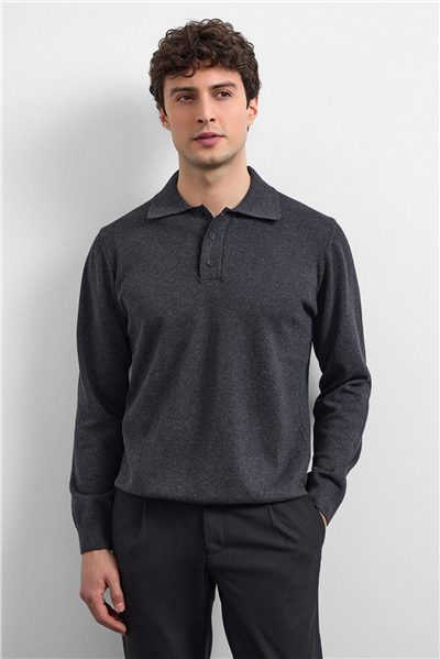 Antrasit Relaxed Fit Polo Yaka Triko Kazak