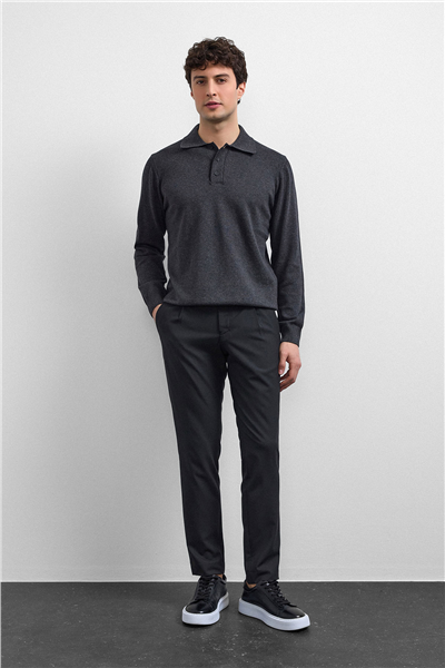Antrasit Relaxed Fit Polo Yaka Triko Kazak