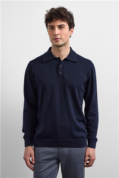 Lacivert Relaxed Fit Polo Yaka Triko Kazak
