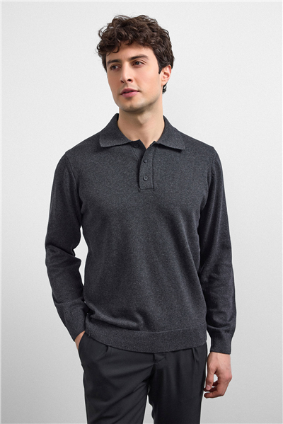 Antrasit Relaxed Fit Polo Yaka Triko Kazak