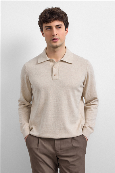 Bej Relaxed Fit Polo Yaka Triko Kazak