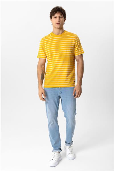 Sarı Regular Fit Bisiklet Yaka Çizgili Tişört