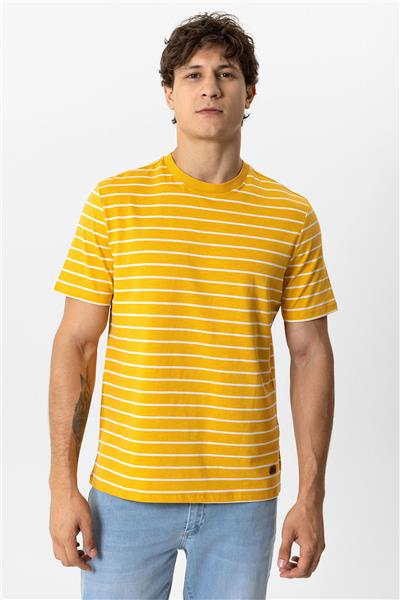 Sarı Regular Fit Bisiklet Yaka Çizgili Tişört