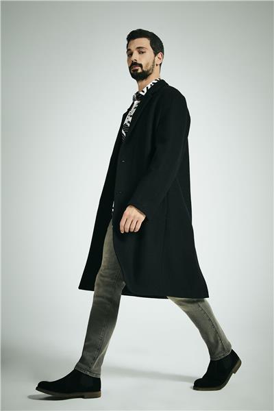 Siyah Oversize Fit Yünlü Mono Yaka Kaşe Kaban