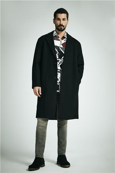 Siyah Oversize Fit Yünlü Mono Yaka Kaşe Kaban