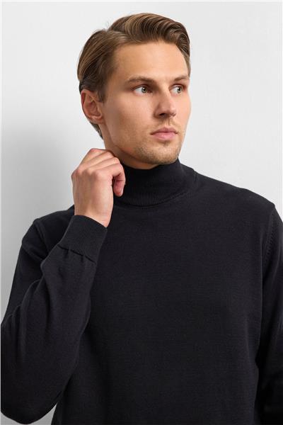 Siyah Regular Fit Balıkçı Yaka Triko Kazak