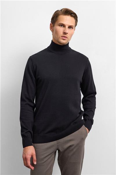 Siyah Regular Fit Balıkçı Yaka Triko Kazak
