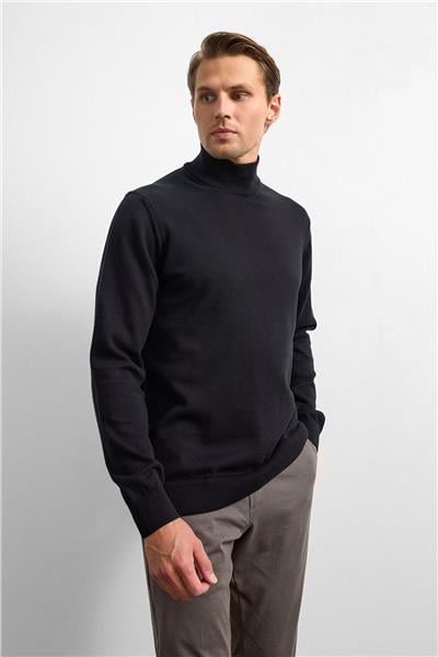 Siyah Regular Fit Balıkçı Yaka Triko Kazak