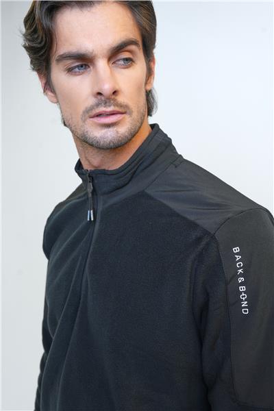 Siyah Regular Fit Bato Yaka Yarım Fermuarlı Sweatshirt
