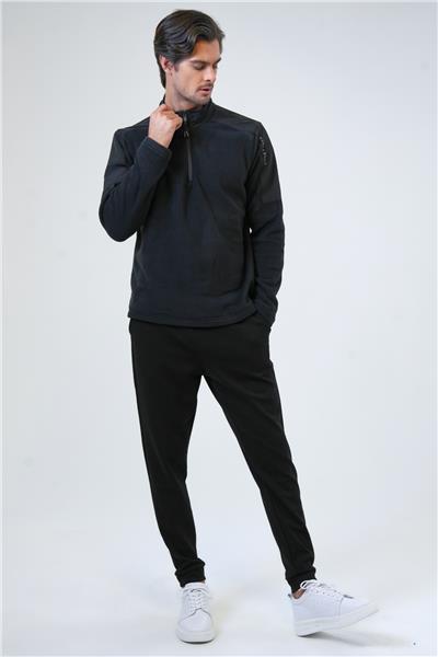 Siyah Regular Fit Bato Yaka Yarım Fermuarlı Sweatshirt