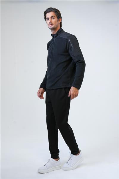 Siyah Regular Fit Bato Yaka Yarım Fermuarlı Sweatshirt