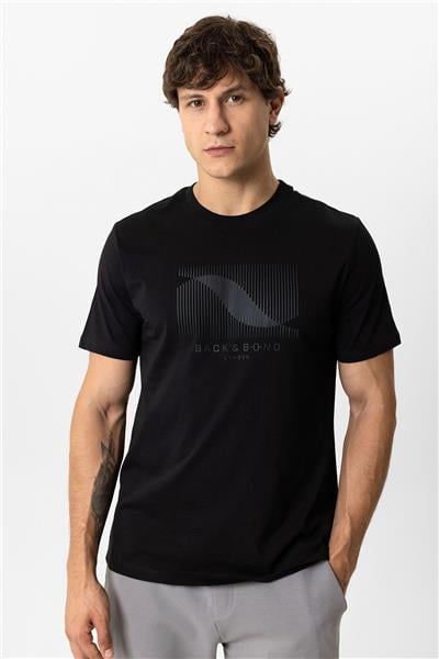 Siyah Regular Fit Bisiklet Yaka Baskılı Tişört