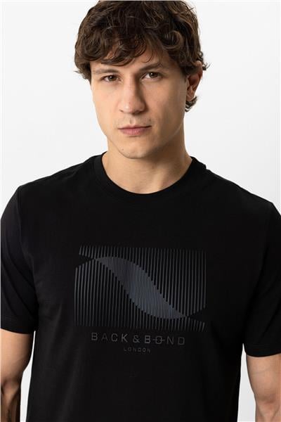 Siyah Regular Fit Bisiklet Yaka Baskılı Tişört