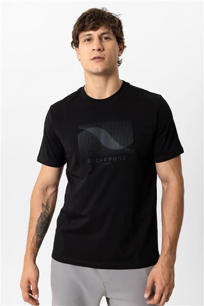 Siyah Regular Fit Bisiklet Yaka Baskılı Tişört