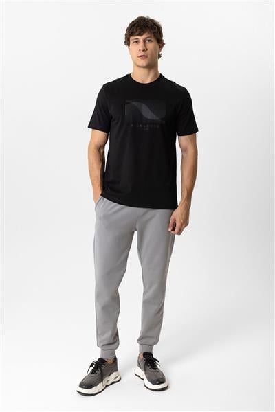 Siyah Regular Fit Bisiklet Yaka Baskılı Tişört