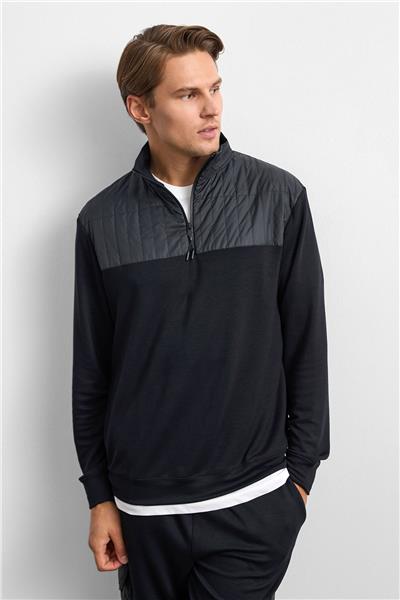 Siyah Regular Fit Dik Yaka Fermuarlı Sweatshirt