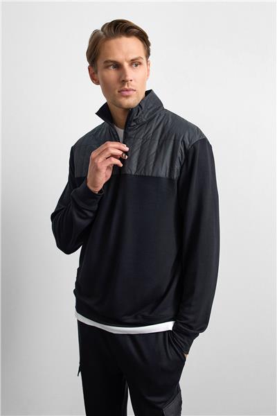 Siyah Regular Fit Dik Yaka Fermuarlı Sweatshirt