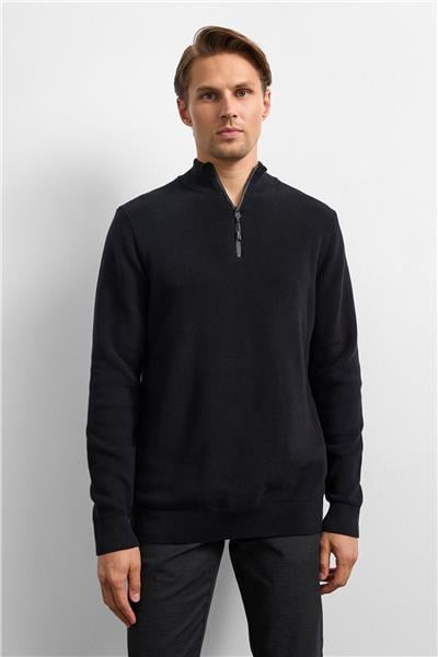 Siyah Regular Fit Dik Yaka Triko Kazak