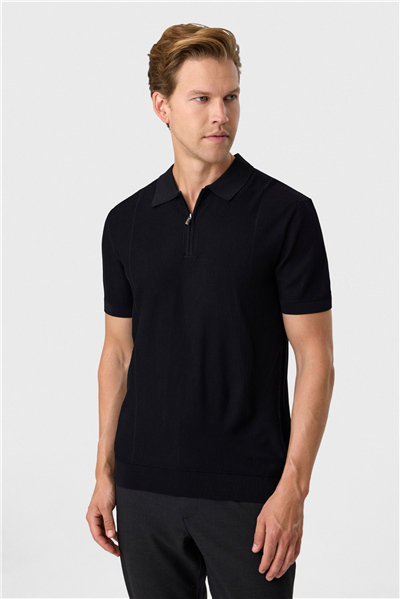 Siyah Regular Fit Fermuarlı Triko Tişört