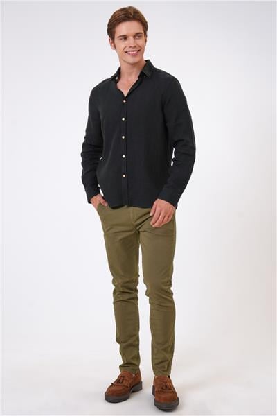 Siyah Regular Fit Keten Gömlek