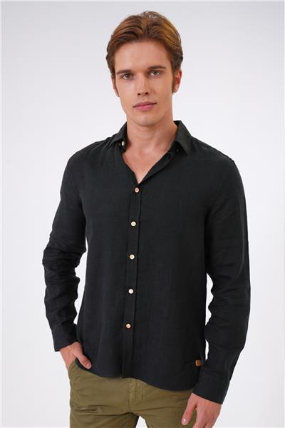 Siyah Regular Fit Keten Gömlek