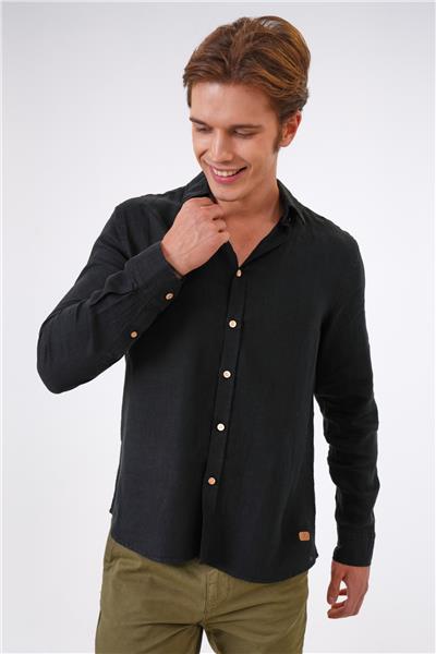 Siyah Regular Fit Keten Gömlek