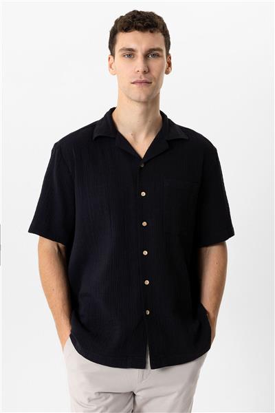 Siyah Relaxed Fit Küba Yaka Kısa Kollu Gömlek