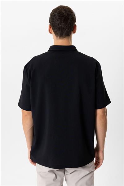 Siyah Relaxed Fit Küba Yaka Kısa Kollu Gömlek