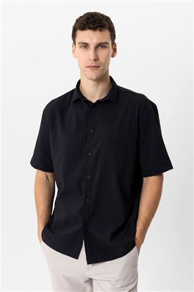 Siyah Relaxed Fit Küba Yaka Kısa Kollu Gömlek