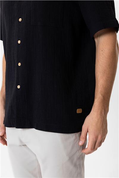 Siyah Relaxed Fit Küba Yaka Kısa Kollu Gömlek