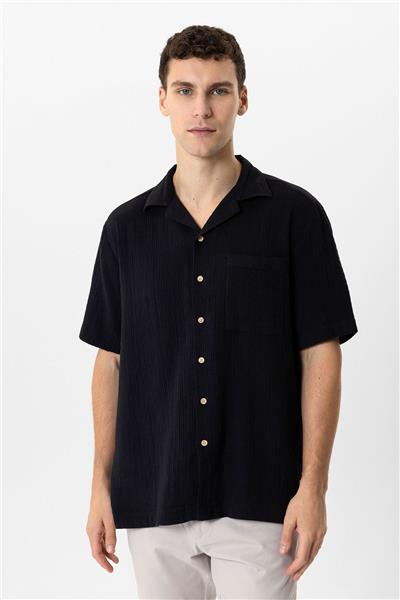 Siyah Relaxed Fit Küba Yaka Kısa Kollu Gömlek