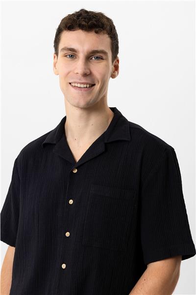 Siyah Relaxed Fit Küba Yaka Kısa Kollu Gömlek