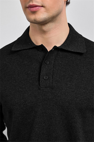 Siyah Relaxed Fit Polo Yaka Triko Kazak
