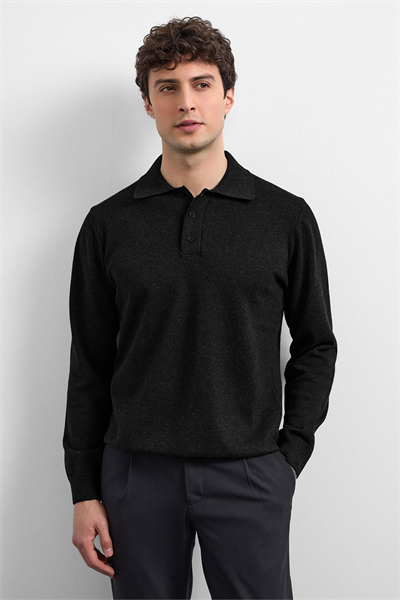 Siyah Relaxed Fit Polo Yaka Triko Kazak