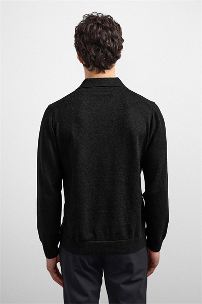 Siyah Relaxed Fit Polo Yaka Triko Kazak