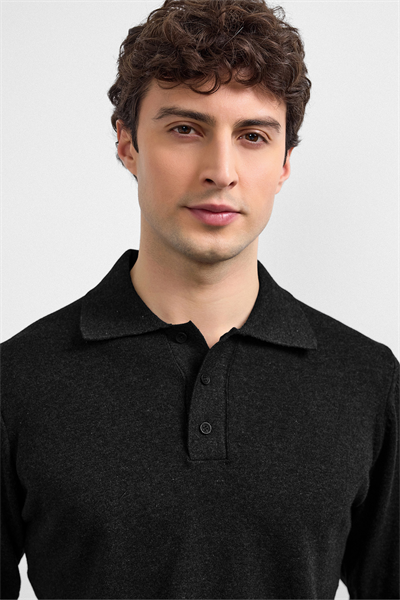 Siyah Relaxed Fit Polo Yaka Triko Kazak