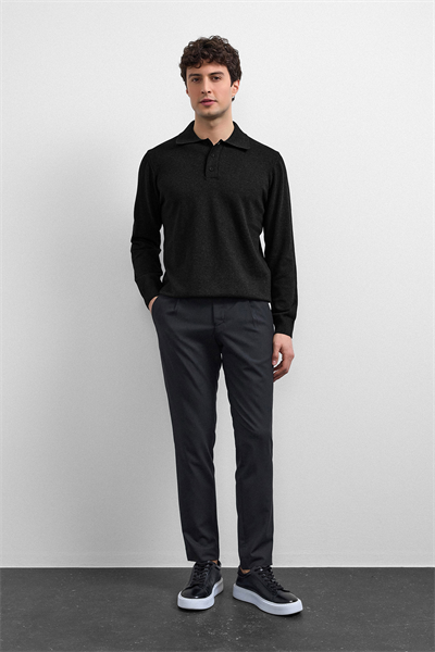Siyah Relaxed Fit Polo Yaka Triko Kazak