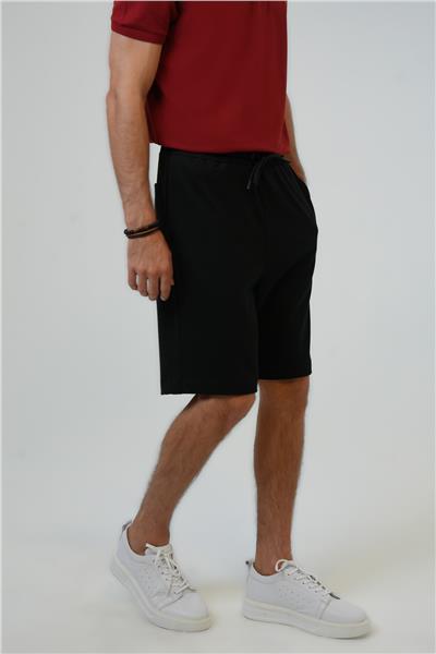 Siyah Relaxed Fit Yan Cepli %100 Pamuk Beli Bağlamalı Şort