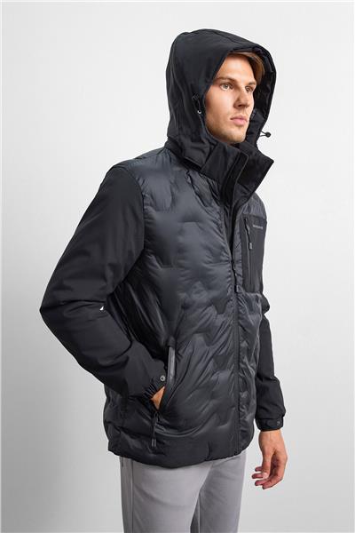 Siyah Smart Fit Kapüşonlu Mont